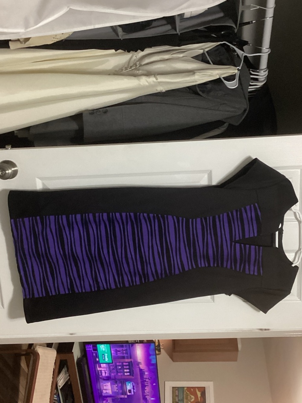 connected apparel Black and Purple Zebra-Stripe Midi Sheath Dress